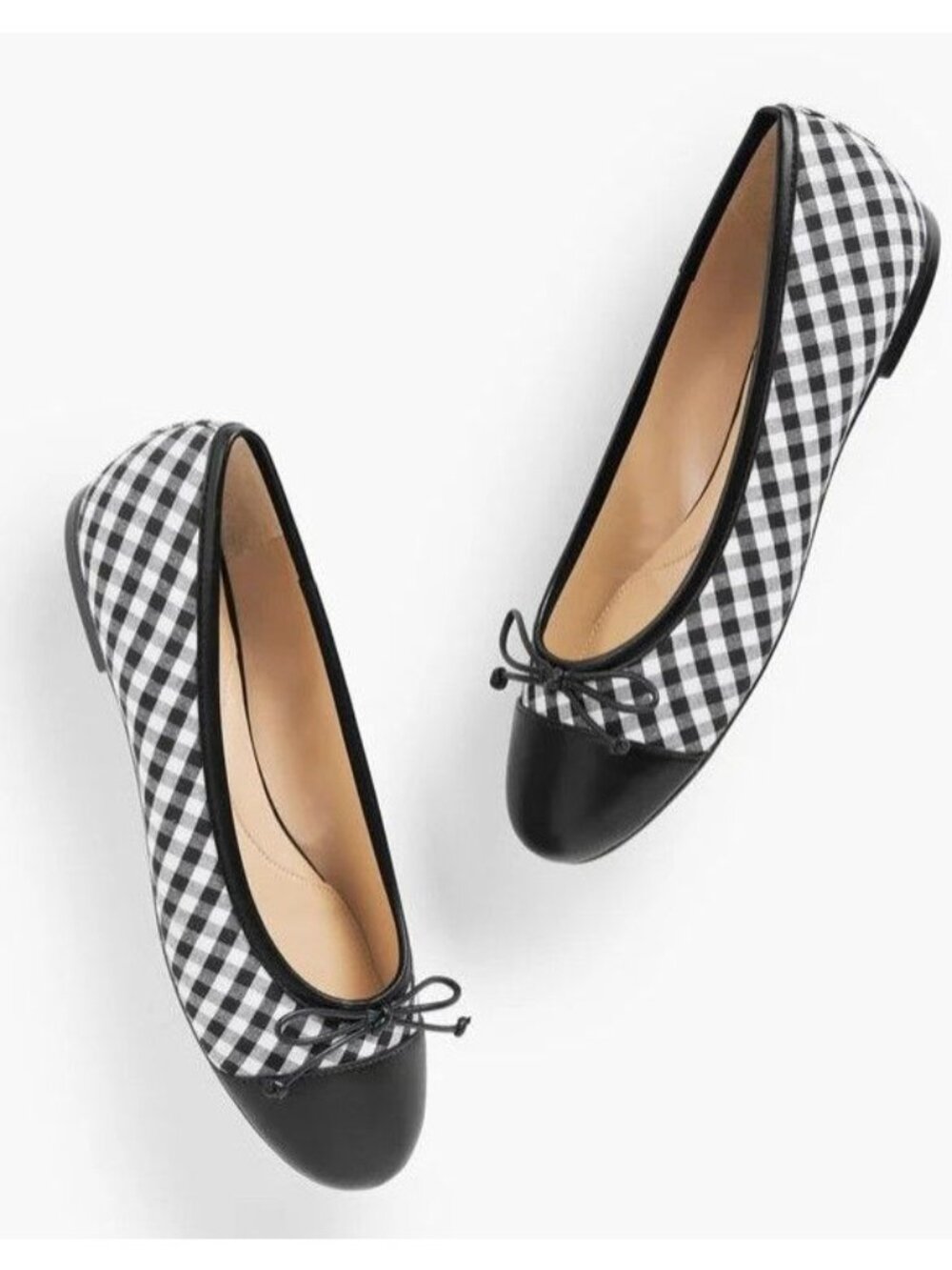 Talbots Blair Ballet Flats Gingham Check Cotton Leather Round Toe Black Wht 10.5